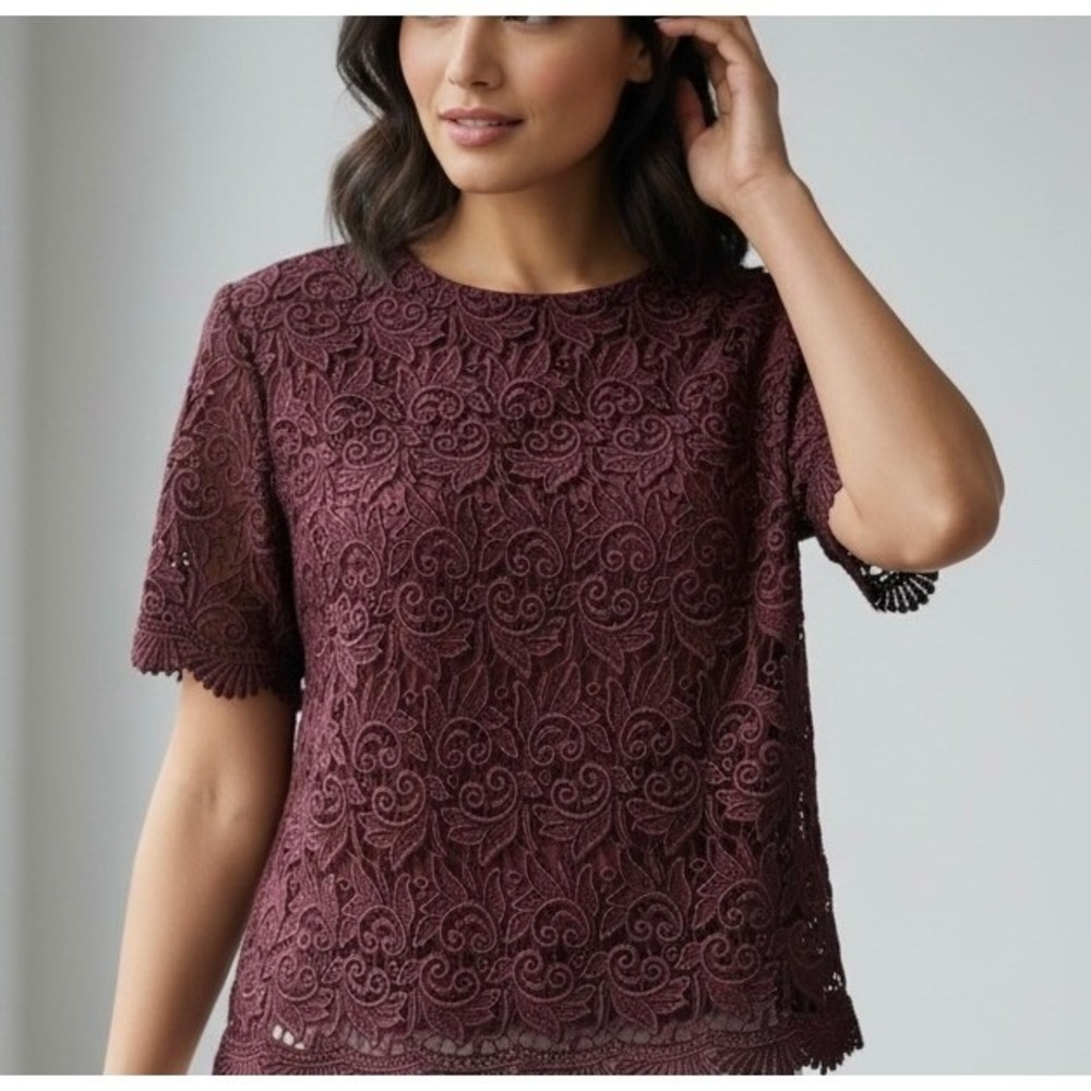 Talbots Burgundy Floral Guipure Lace Short Sleeve Back Button Top Size 10